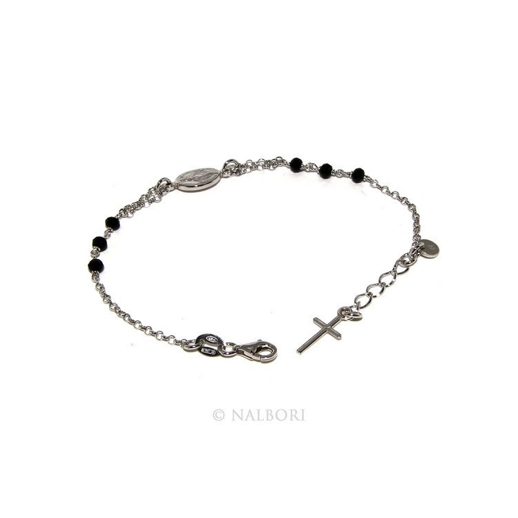 NLB|Rosary bracelet male female 925 miraculous Madonna, cross and black crystal 16.00 18.50 cm