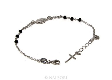 NLB|Bracciale rosario uomo donna in Argento 925 madonna miracolosa , croce e cristallo nero 16,00 18,50 cm