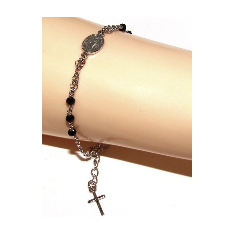 NLB|Bracciale rosario uomo donna in Argento 925 madonna miracolosa , croce e cristallo nero 16,00 18,50 cm