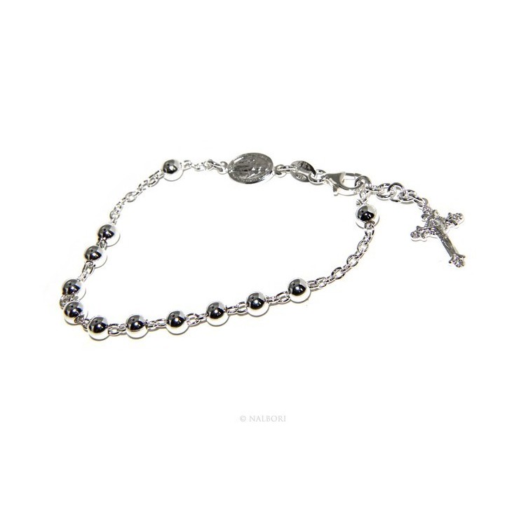 NLB|Bracciale rosario uomo donna in Argento 925 croce lavorata 18-19 cm palline da 5 mm chiaro