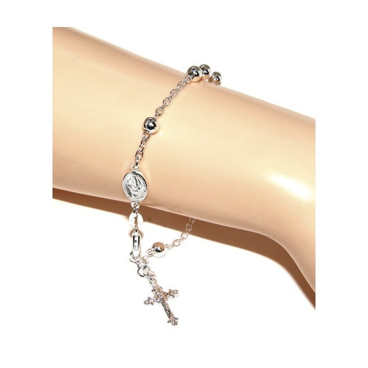 NLB|Bracciale rosario uomo donna in Argento 925 croce lavorata 18-19 cm palline da 5 mm chiaro