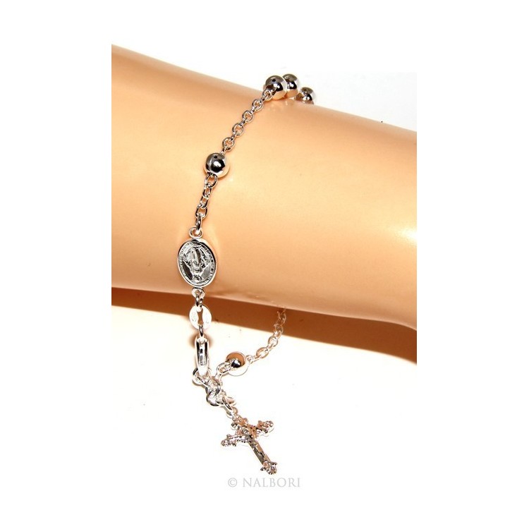 NLB|Rosary bracelet male female 925 sterling silver cross worked 18-19 cm balls 5mm rhodium