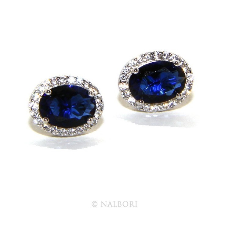 NLB|925: woman stud earrings oval button stone cubic zirconia blue cornflower blue sapphire 10x8