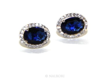 NLB|925: woman stud earrings oval button stone cubic zirconia blue cornflower blue sapphire 10x8