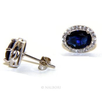 NLB|925: woman stud earrings oval button stone cubic zirconia blue cornflower blue sapphire 10x8