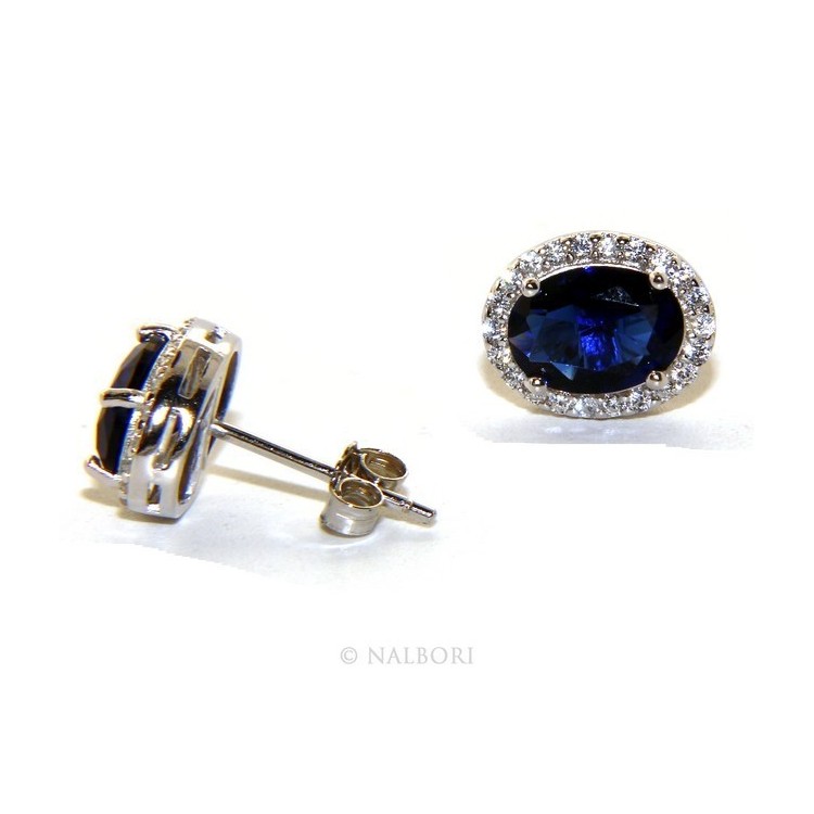 NLB|925: woman stud earrings oval button stone cubic zirconia blue cornflower blue sapphire 10x8