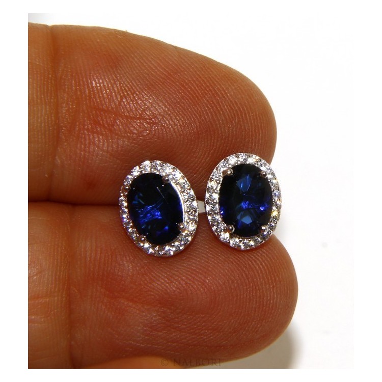 NLB|925: woman stud earrings oval button stone cubic zirconia blue cornflower blue sapphire 10x8