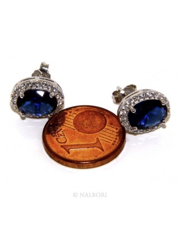 Argento 925 : orecchini donna stud bottone oval pietra zirconia cubica blue sapphire bluette 10x8