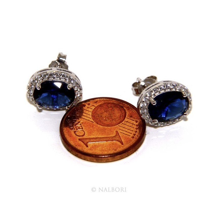 NLB|925: woman stud earrings oval button stone cubic zirconia blue cornflower blue sapphire 10x8