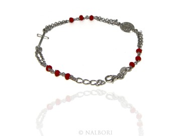 NLB|Rosary bracelet male female 925 madonna, cross and red crystal 16.00 18.50 cm