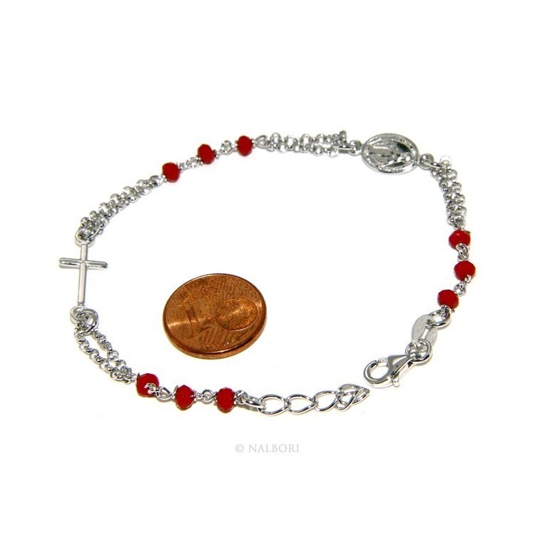 NLB|Bracciale rosario uomo donna in Argento 925 madonna , croce e cristallo rosso 16,00 18,50 cm