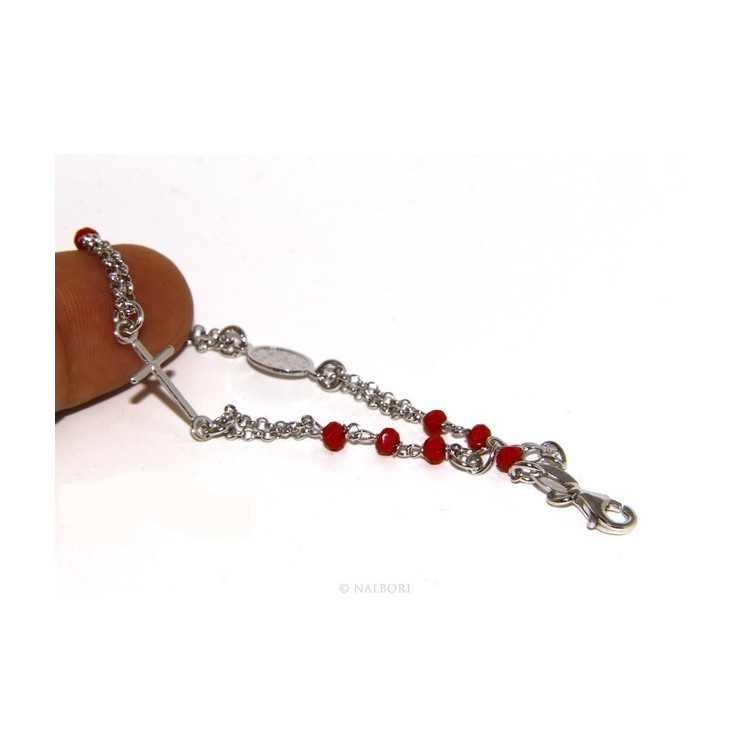 NLB|Rosary bracelet male female 925 madonna, cross and red crystal 16.00 18.50 cm