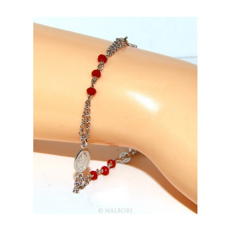 NLB|Rosary bracelet male female 925 madonna, cross and red crystal 16.00 18.50 cm