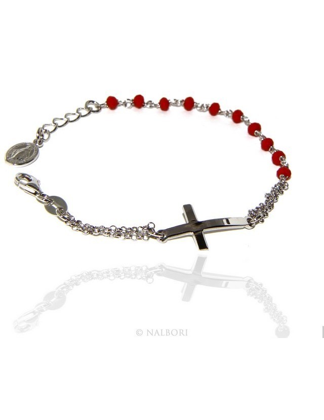 Bracciale rosario uomo donna in Argento 925 madonna , croce curva e cristallo rosso 15,00 17,50 cm Bracciale rosario uomo donna in Argento 925 madonna , croce curva e cristallo rosso 15,00 17,50 cm
