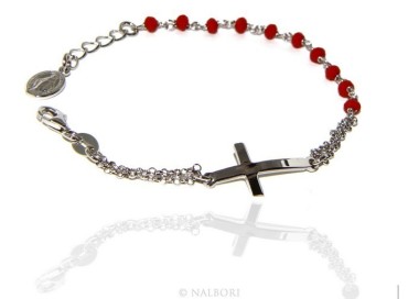 NLB|Rosary bracelet male female 925 madonna, curved cross and red crystal 15.00 17.50 cm