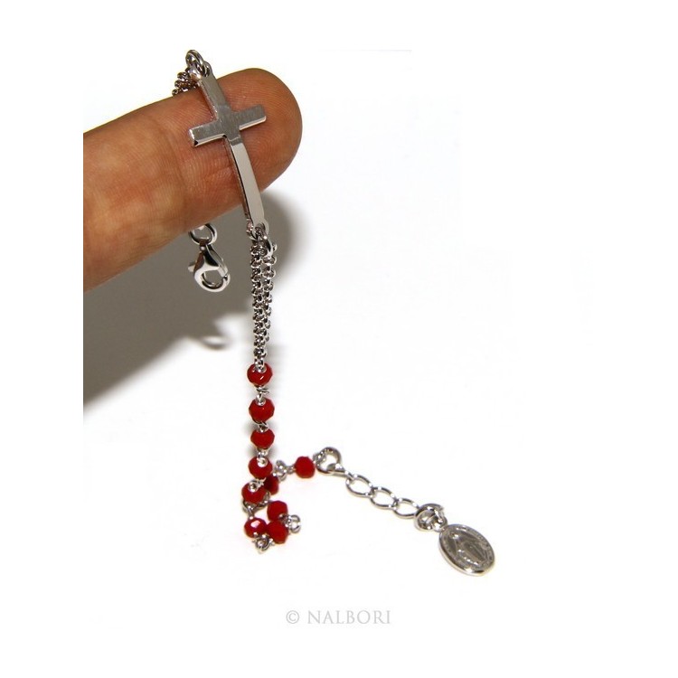 NLB|Bracciale rosario uomo donna in Argento 925 madonna , croce curva e cristallo rosso 15,00 17,50 cm