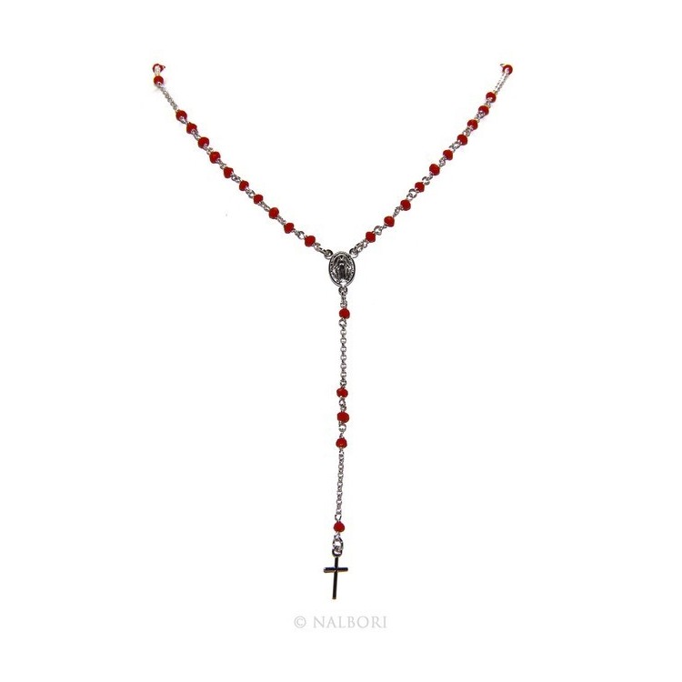 NLB|Rosary necklace man 925 With red crystal 3.5mm cross and madonna 51 + 5