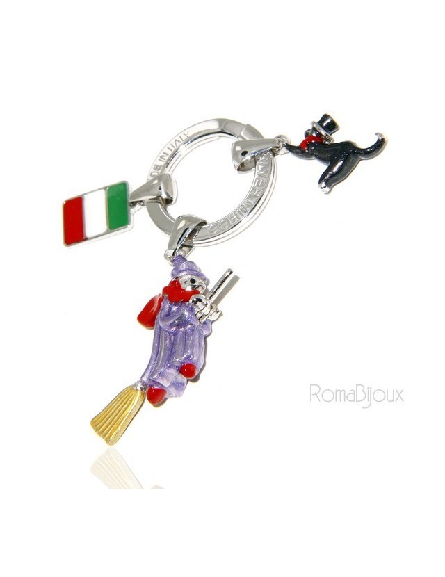 Keyring man or woman witch Befana with flying broom Black cat on fire enamel handmade, all 925 sterling silver amulet Keyring man or woman witch Befana with flying broom Black cat on fire enamel handmade, all 925 sterling silver amulet