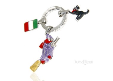 NLB|Keyring man or woman witch Befana with flying broom Black cat on fire enamel handmade, all 925 sterling silver amulet