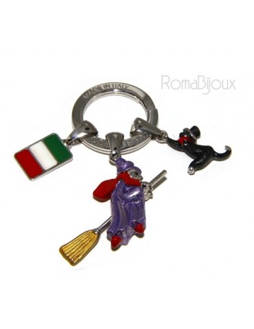Keyring man or woman witch Befana with flying broom Black cat on fire enamel handmade, all 925 sterling silver amulet