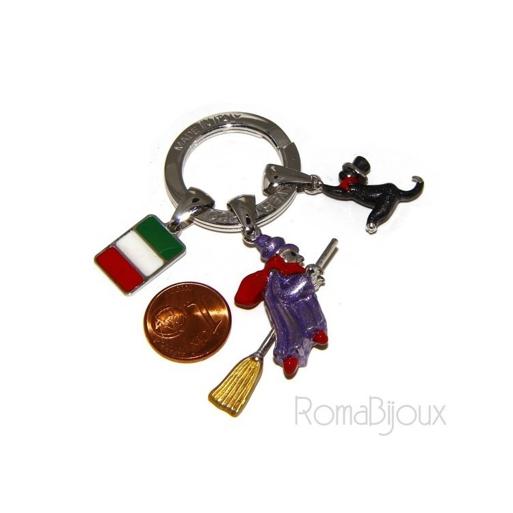 NLB|Keyring man or woman witch Befana with flying broom Black cat on fire enamel handmade, all 925 sterling silver amulet