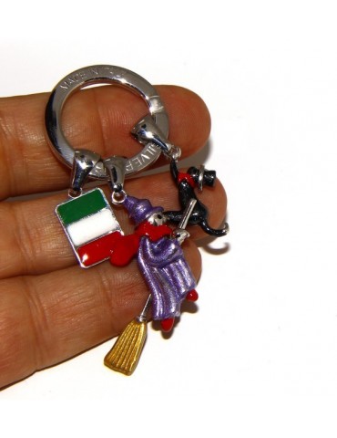 Keyring man or woman witch Befana with flying broom Black cat on fire enamel handmade, all 925 sterling silver amulet
