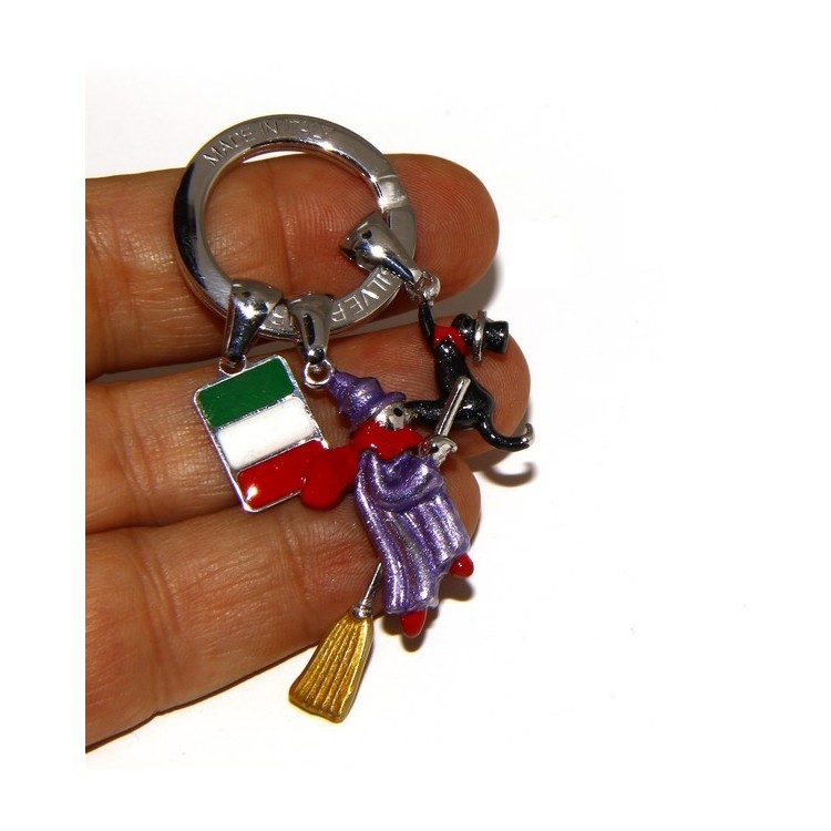 NLB|Keyring man or woman witch Befana with flying broom Black cat on fire enamel handmade, all 925 sterling silver amulet
