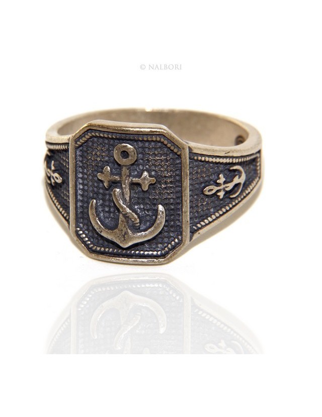 Ring Silver 925 Rectangular antique blue shield man, anchor anchors