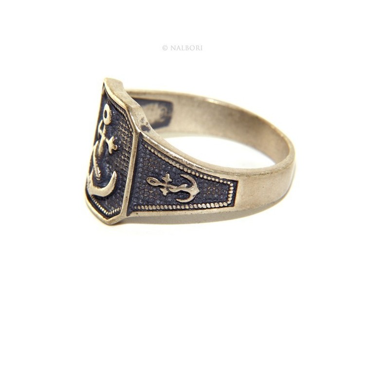 NLB|Ring Silver 925 Rectangular antique blue shield man, anchor anchors