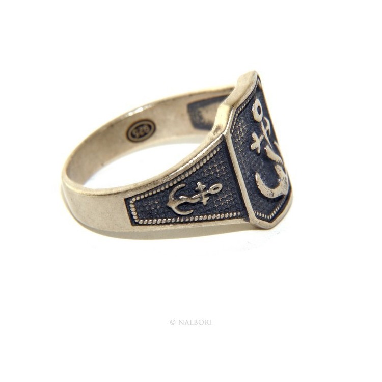NLB|Anello Argento 925 da uomo scudo rettangolare anticato blu , ancora ancorette