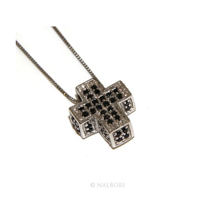 NLB|Argento 925 : Collana Collier uomo donna veneziana 45 cm e croce 3D a pavè di zirconi nero