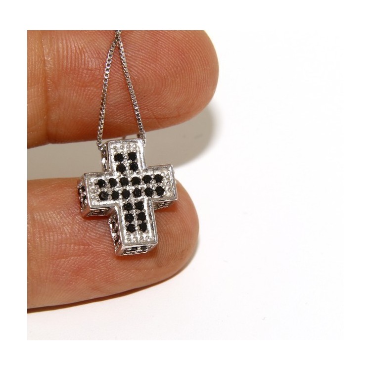 NLB|925: Necklace Collier man woman Venetian 45 cm in 3D and cross studded with zirconia black