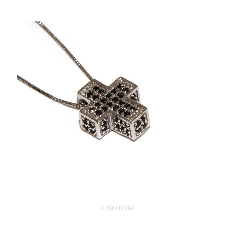 NLB|925: Necklace Collier man woman Venetian 45 cm in 3D and cross studded with zirconia black