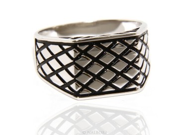NLB|Ring Silver 925 Men's rectangular shield diamond pattern black ribbed