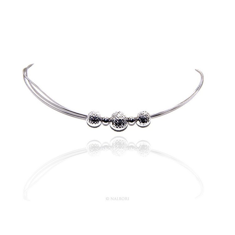 NLB|Argento 925 : Collana donna girocollo a 3 fili omega con sfere diamantate a gradazione