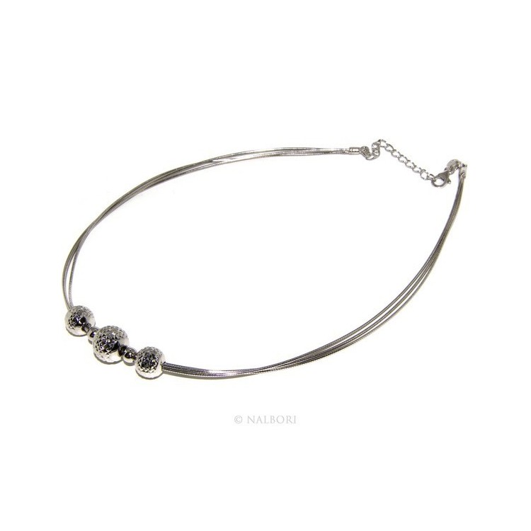 NLB|Argento 925 : Collana donna girocollo a 3 fili omega con sfere diamantate a gradazione
