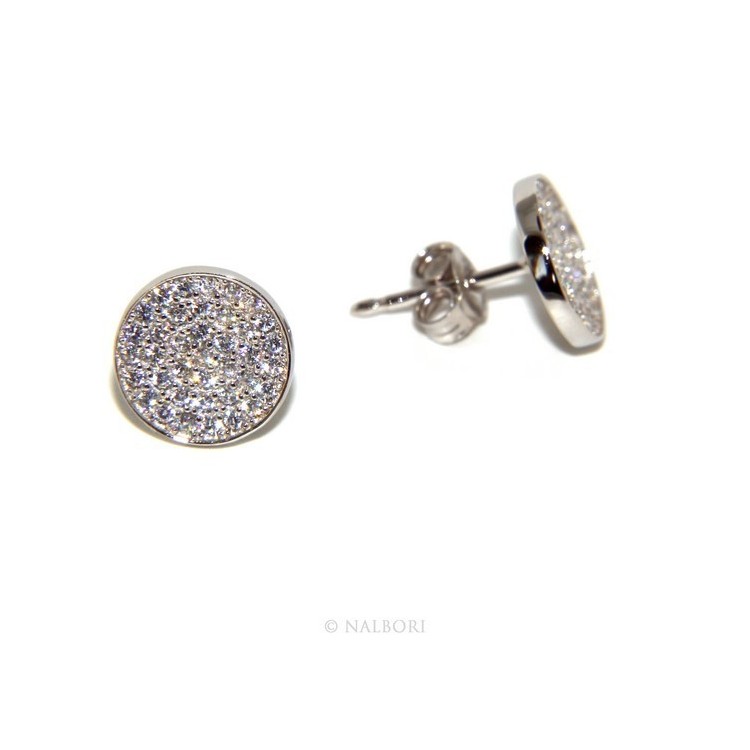 NLB|Argento 925 : coppia di orecchini 9,5mm uomo donna bottone pavè zirconi mircosetting tondo