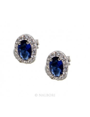 Argento 925 : orecchini donna stud bottone oval pietra zirconia cubica blu blue sapphire bluette 6x8