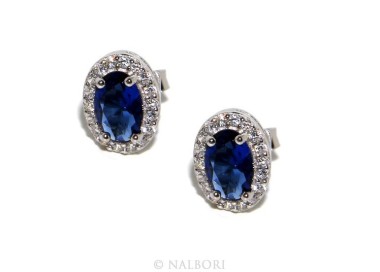 NLB|Argento 925 : orecchini donna stud bottone oval pietra zirconia cubica blu blue sapphire bluette 6x8