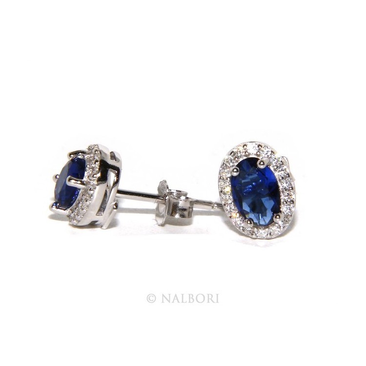 NLB|Argento 925 : orecchini donna stud bottone oval pietra zirconia cubica blu blue sapphire bluette 6x8