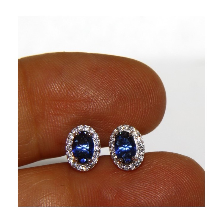 NLB|925: Women button stud earrings oval stone blue cubic zirconia blue cornflower blue sapphire 6x8