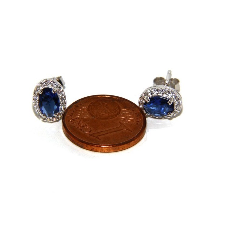 NLB|Argento 925 : orecchini donna stud bottone oval pietra zirconia cubica blu blue sapphire bluette 6x8