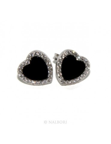 Argento 925 : coppia di orecchini 10mm donna bottone cuore onice cerchio nero pavè zirconi