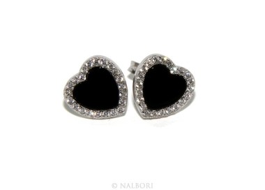 NLB|925: pair of 10mm Women's Heart Button earrings onyx circle black zirconia