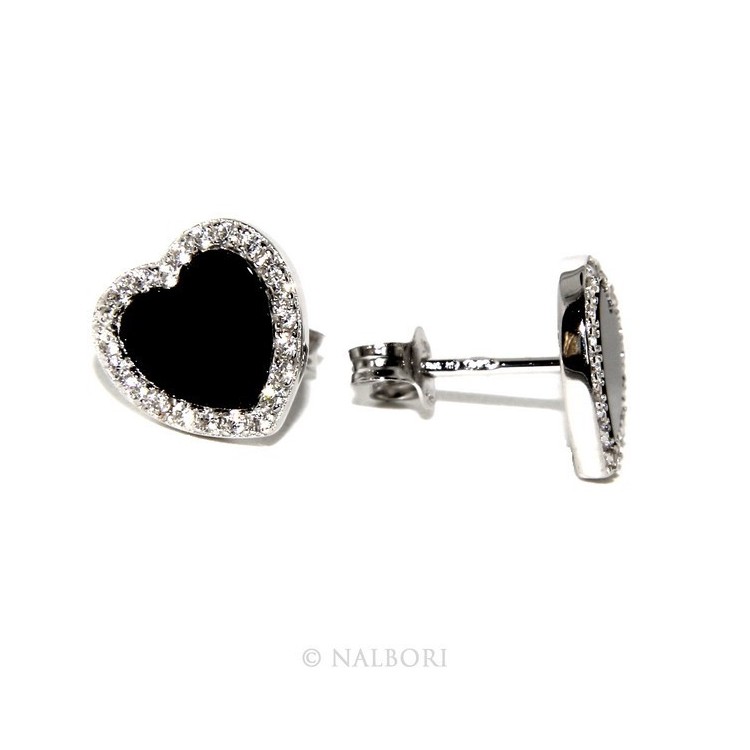 NLB|Argento 925 : coppia di orecchini 10mm donna bottone cuore onice cerchio nero pavè zirconi