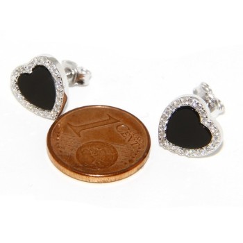 NLB|Argento 925 : coppia di orecchini 10mm donna bottone cuore onice cerchio nero pavè zirconi