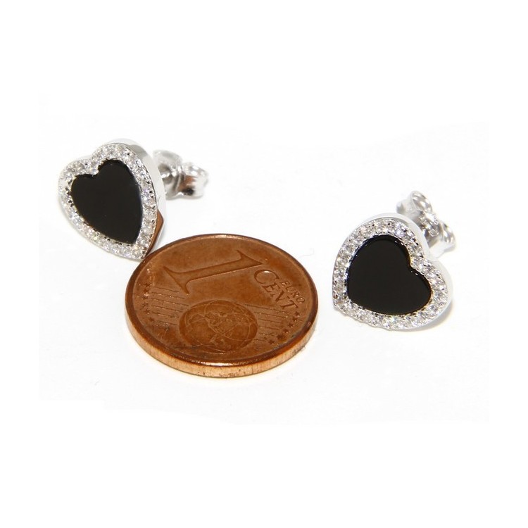NLB|925: pair of 10mm Women's Heart Button earrings onyx circle black zirconia