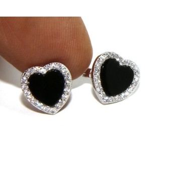 NLB|Argento 925 : coppia di orecchini 10mm donna bottone cuore onice cerchio nero pavè zirconi