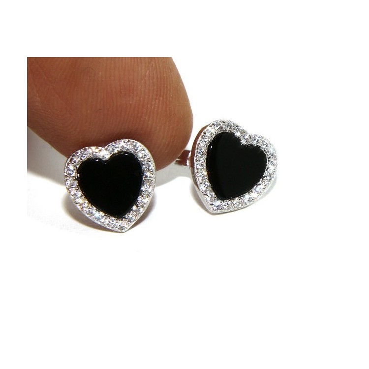 NLB|925: pair of 10mm Women's Heart Button earrings onyx circle black zirconia