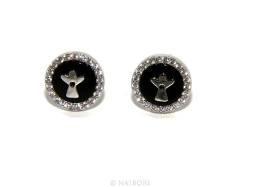 NLB|925: pair of earrings 10mm black onyx circle man woman button zirconia and angel